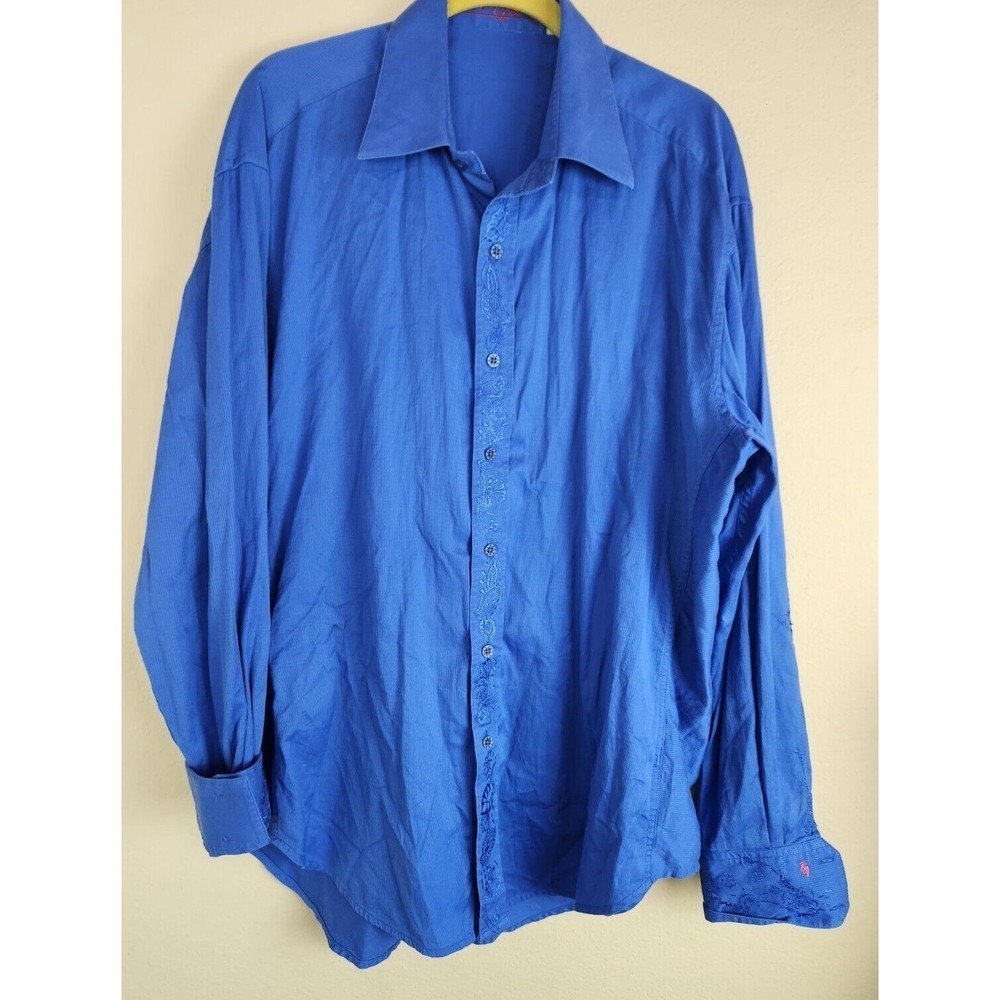Robert Graham Blue Embroidered Thin Ribbed Long Sleeve Button-Front Shirt Men XL